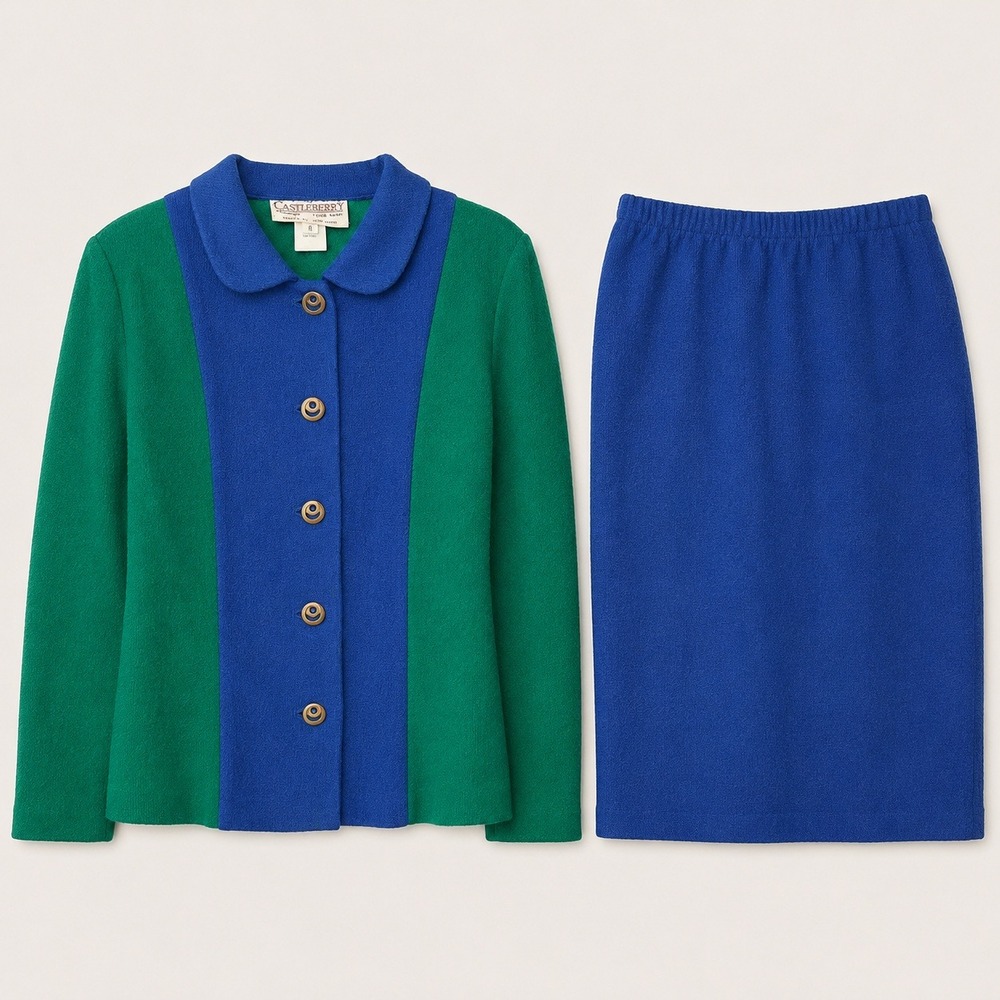 Vtg 80s Retro Castleberry Colorblock Knit Skirt Suit Green Blue sz 6 terrycloth‎